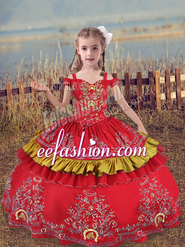 Best Floor Length Red Child Pageant Dress Satin Sleeveless Beading and Embroidery