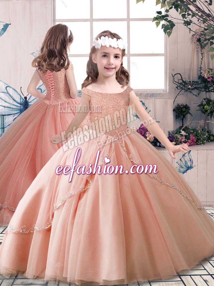 Great Sleeveless Tulle Floor Length Lace Up Girls Pageant Dresses in Peach with Beading