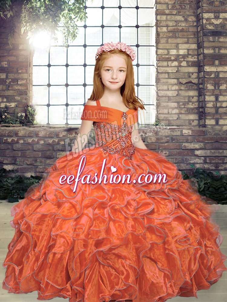 Sweet Organza Straps Sleeveless Lace Up Beading Kids Pageant Dress in Orange