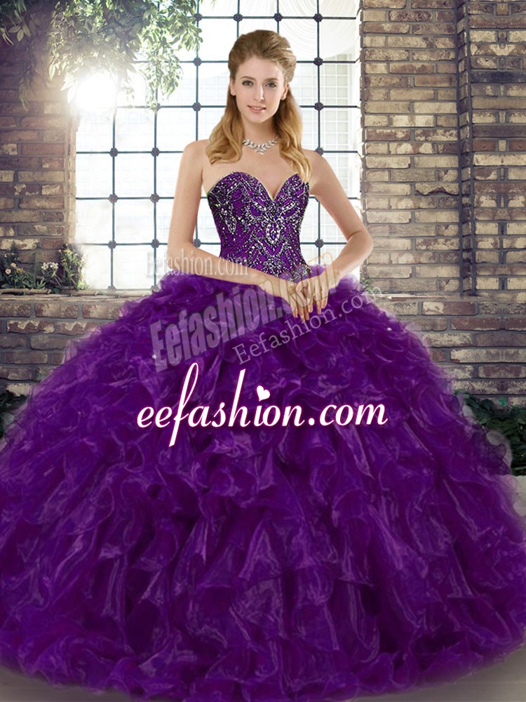 Trendy Beading and Ruffles Quinceanera Dress Purple Lace Up Sleeveless Floor Length