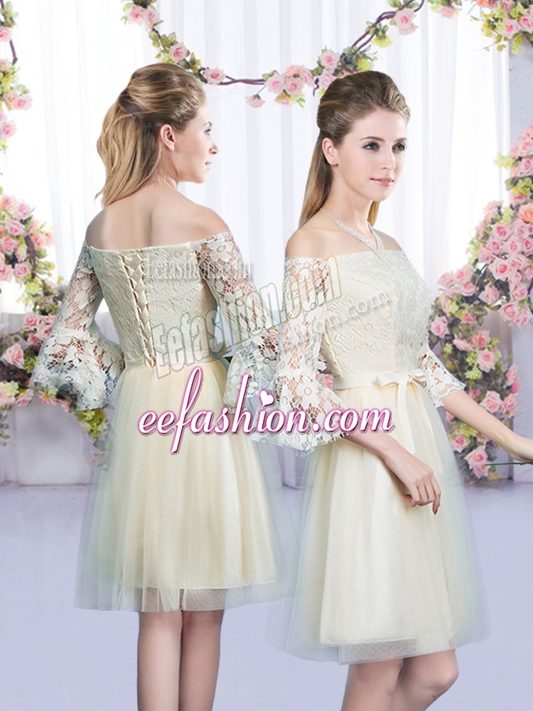  Champagne Tulle Lace Up Off The Shoulder 3 4 Length Sleeve Mini Length Damas Dress Lace and Bowknot