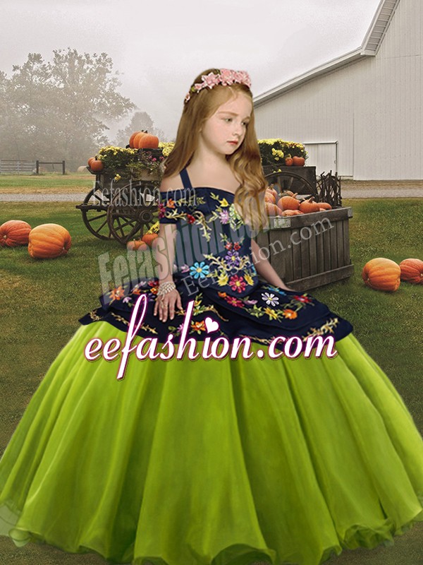 Cheap Straps Sleeveless Little Girls Pageant Gowns Floor Length Embroidery Olive Green Organza