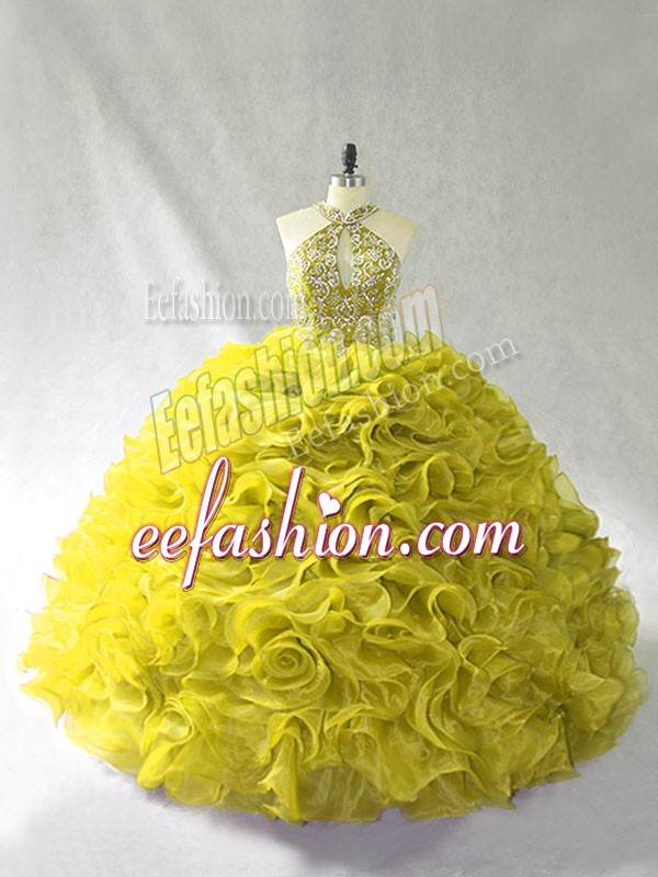 Custom Fit Yellow Green Lace Up Halter Top Beading and Ruffles Quinceanera Dress Organza Sleeveless Brush Train