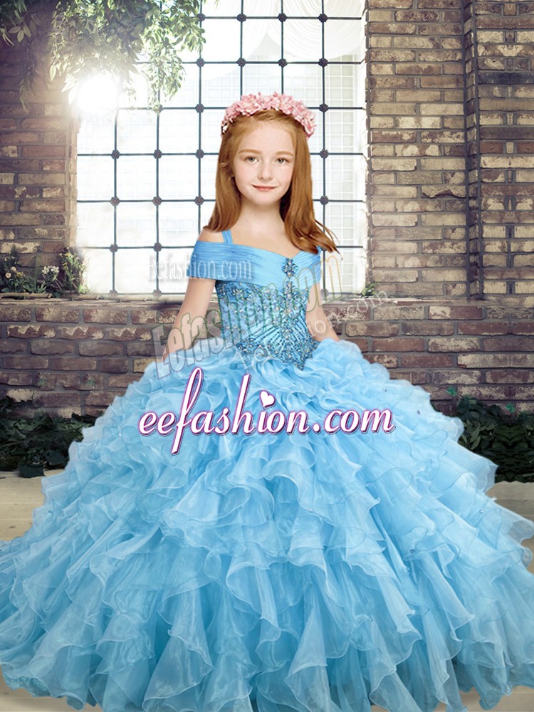 Stylish Organza Straps Sleeveless Lace Up Beading and Ruffles Custom Made Pageant Dress in Blue