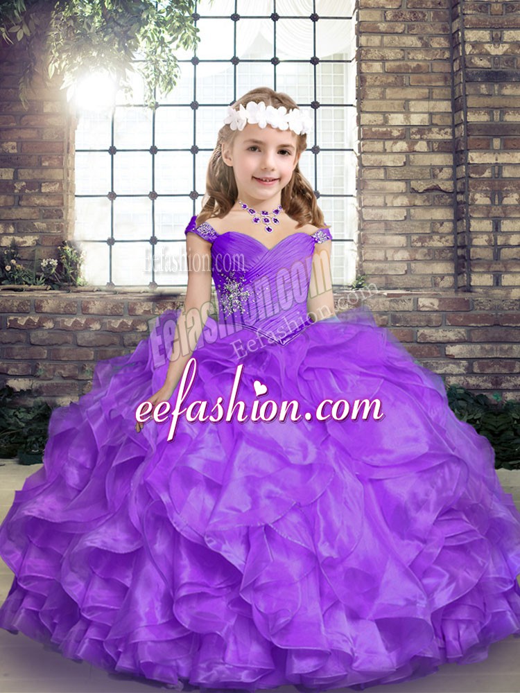 Admirable Lavender Organza Lace Up Straps Sleeveless Floor Length Little Girl Pageant Gowns Beading and Ruffles