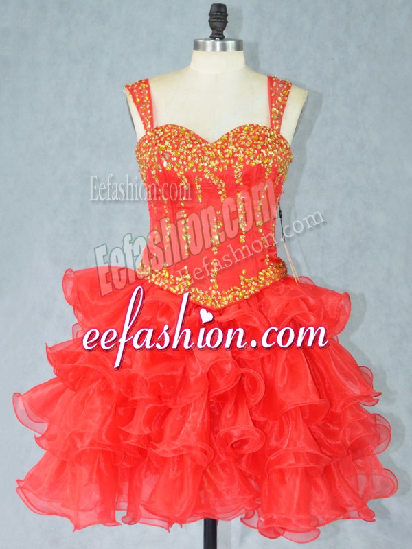 Best Selling Red Sleeveless Mini Length Beading and Ruffled Layers Lace Up Dress for Prom