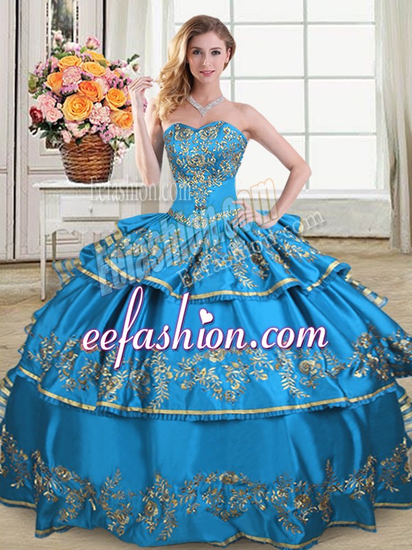 Fantastic Blue Ball Gowns Satin and Organza Sweetheart Sleeveless Embroidery and Ruffled Layers Floor Length Lace Up Quinceanera Dress