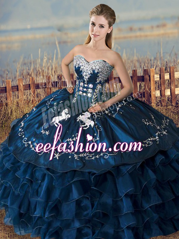 Custom Fit Navy Blue Sleeveless Floor Length Embroidery and Ruffles Lace Up Quinceanera Dresses