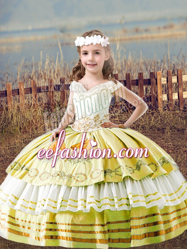 Admirable Yellow Ball Gowns Satin Off The Shoulder Sleeveless Embroidery Floor Length Lace Up Little Girl Pageant Dress
