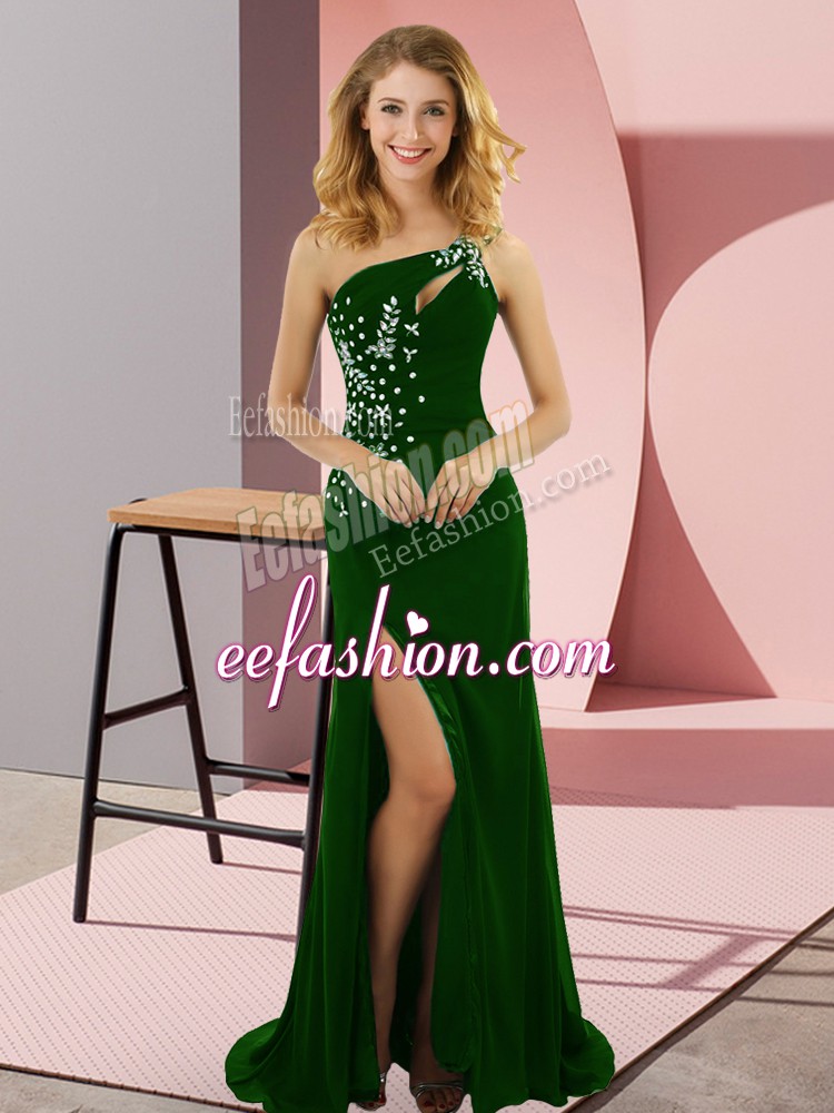  Green One Shoulder Lace Up Beading Prom Gown Sweep Train Sleeveless