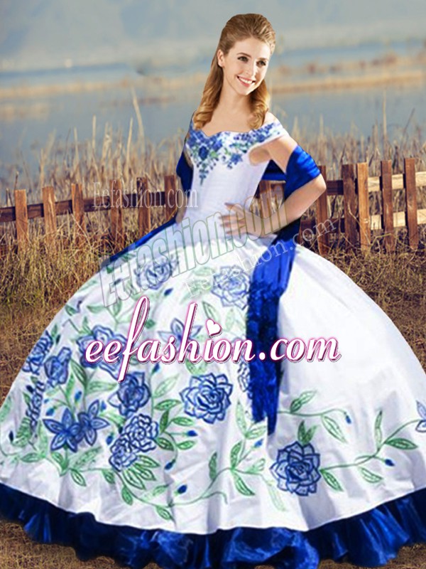  Satin and Organza Off The Shoulder Sleeveless Lace Up Embroidery and Ruffles Quinceanera Gowns in Blue And White
