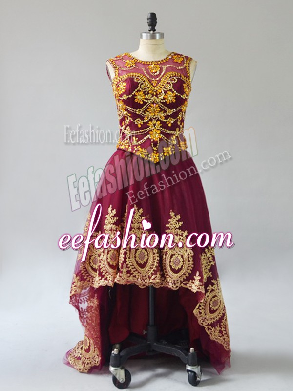 Sophisticated Tulle Scoop Sleeveless Lace Up Beading and Appliques Prom Evening Gown in Burgundy
