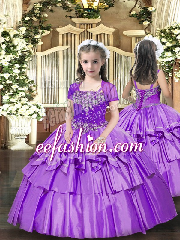 Eye-catching Floor Length Lace Up Girls Pageant Dresses Lavender for Party and Wedding Party with Beading and Ruffled Layers