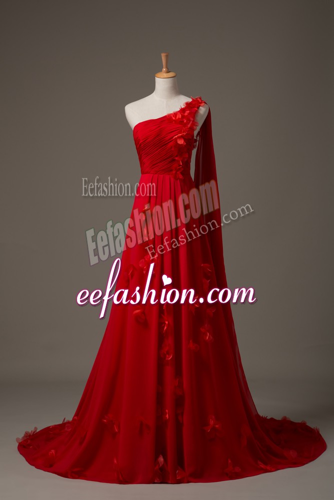 Exceptional Red One Shoulder Neckline Hand Made Flower Sleeveless Lace Up