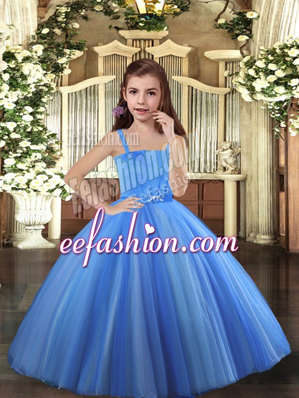  Blue and Yellow And White Tulle Lace Up Straps Sleeveless Floor Length Little Girl Pageant Gowns Beading