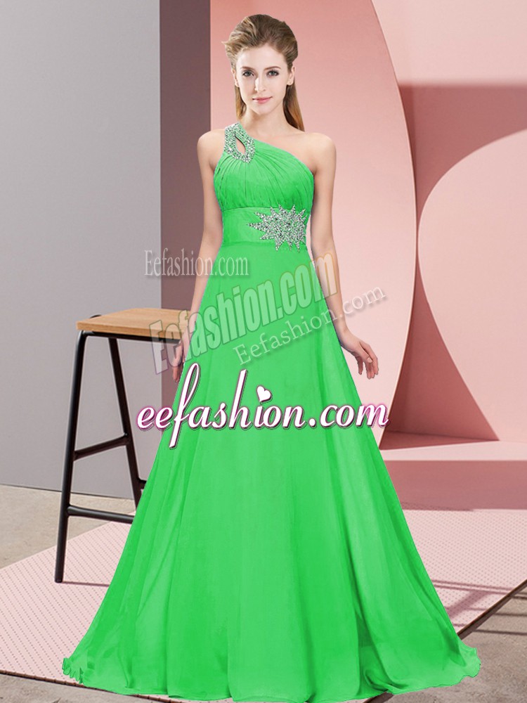 Excellent Lace Up Green for Prom and Party and Military Ball with Beading Brush Train