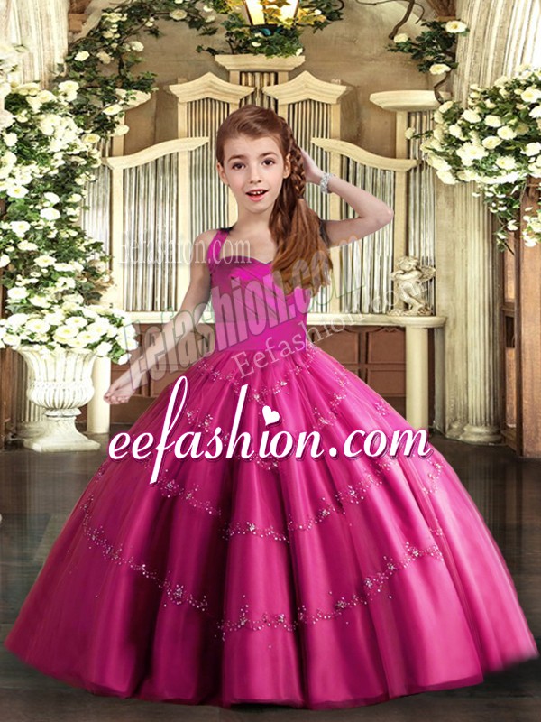  Sleeveless Tulle Floor Length Lace Up Little Girls Pageant Dress in Fuchsia with Beading