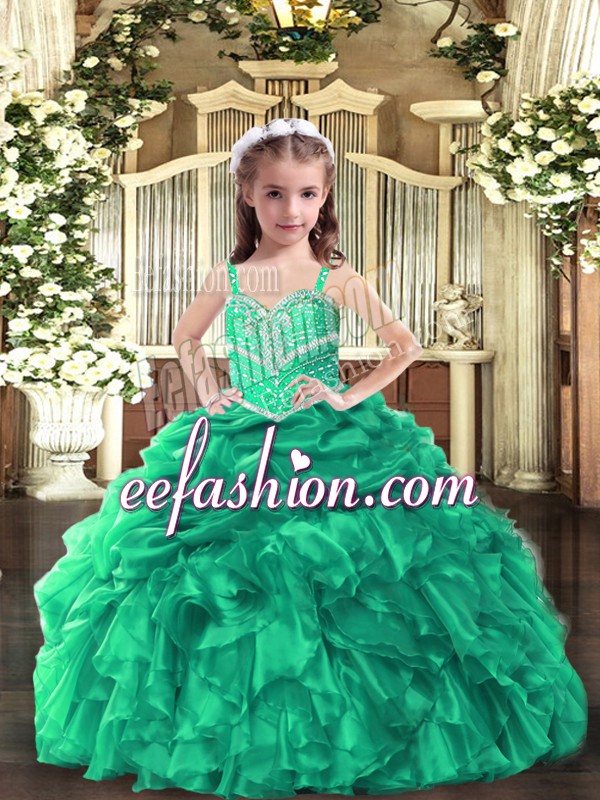 Charming Green Straps Lace Up Beading and Ruffles Little Girls Pageant Dress Sleeveless