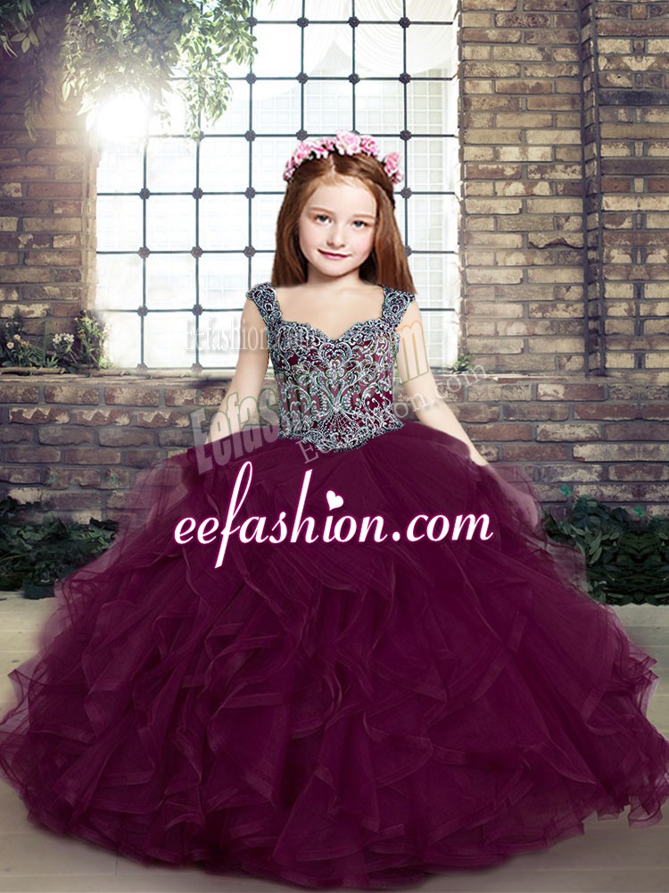  Sleeveless Tulle Floor Length Lace Up Pageant Gowns For Girls in Purple with Beading and Ruffles