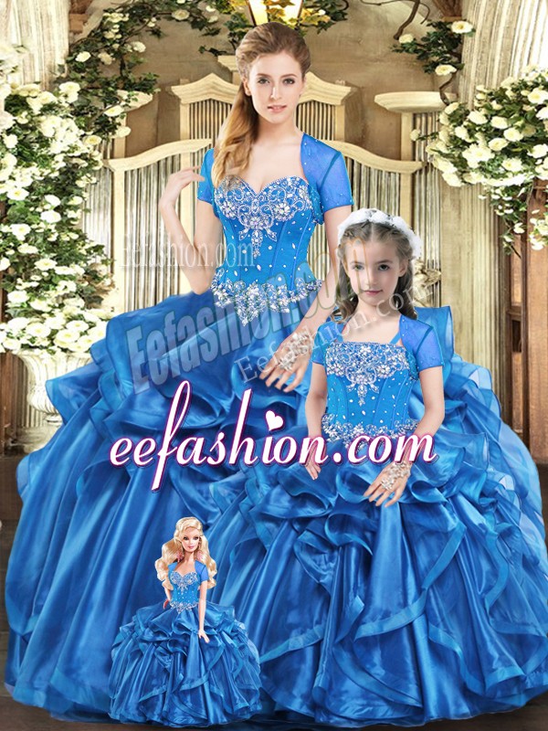 Delicate Blue Sleeveless Floor Length Beading and Ruffles Lace Up Quinceanera Gown
