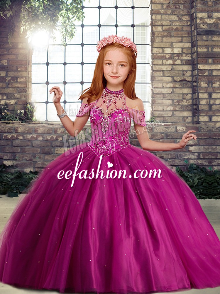  Fuchsia Tulle Lace Up Little Girls Pageant Gowns Sleeveless Floor Length Beading