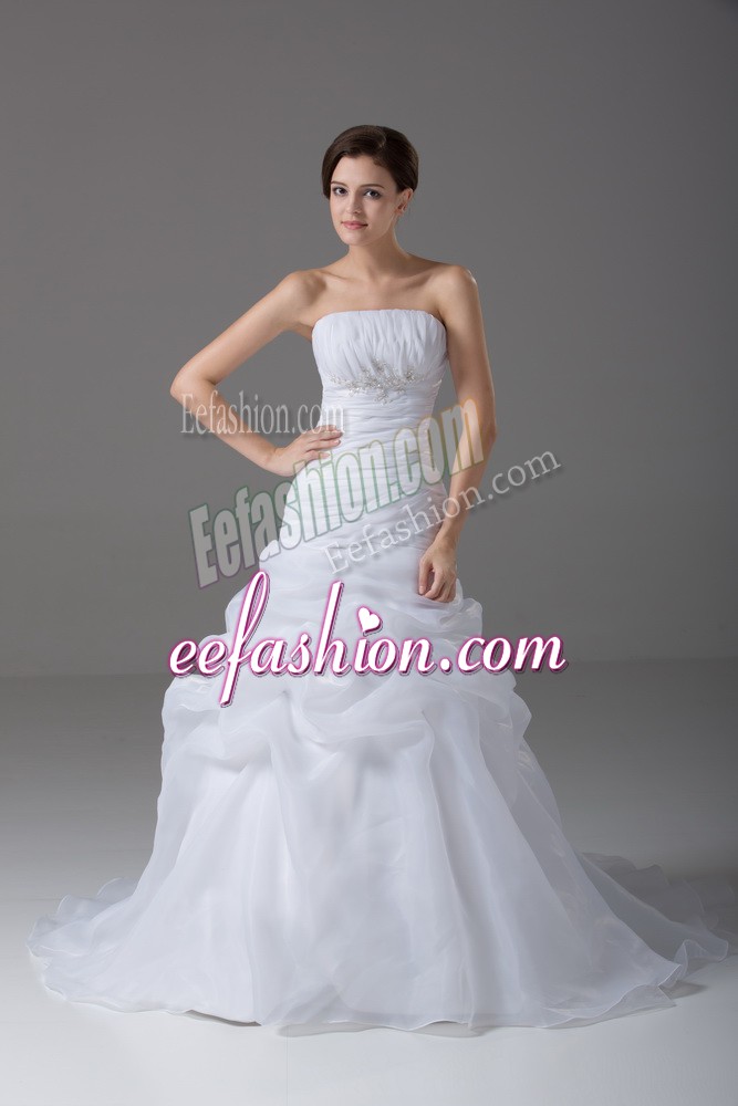  Organza Strapless Sleeveless Brush Train Lace Up Beading and Pick Ups Wedding Dresses in White
