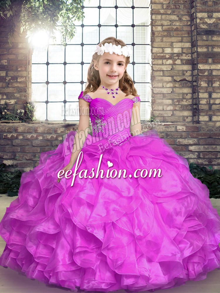 Lilac Sleeveless Beading and Ruffles Floor Length Kids Pageant Dress