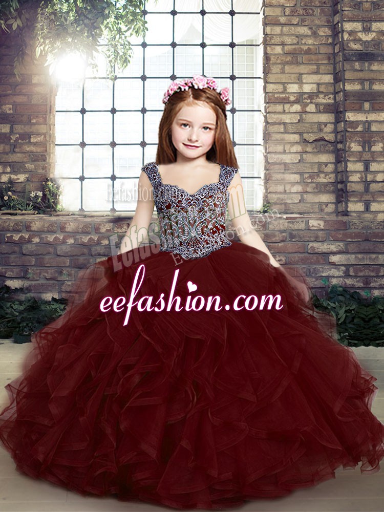  Burgundy Straps Lace Up Beading and Ruffles Little Girl Pageant Gowns Sleeveless