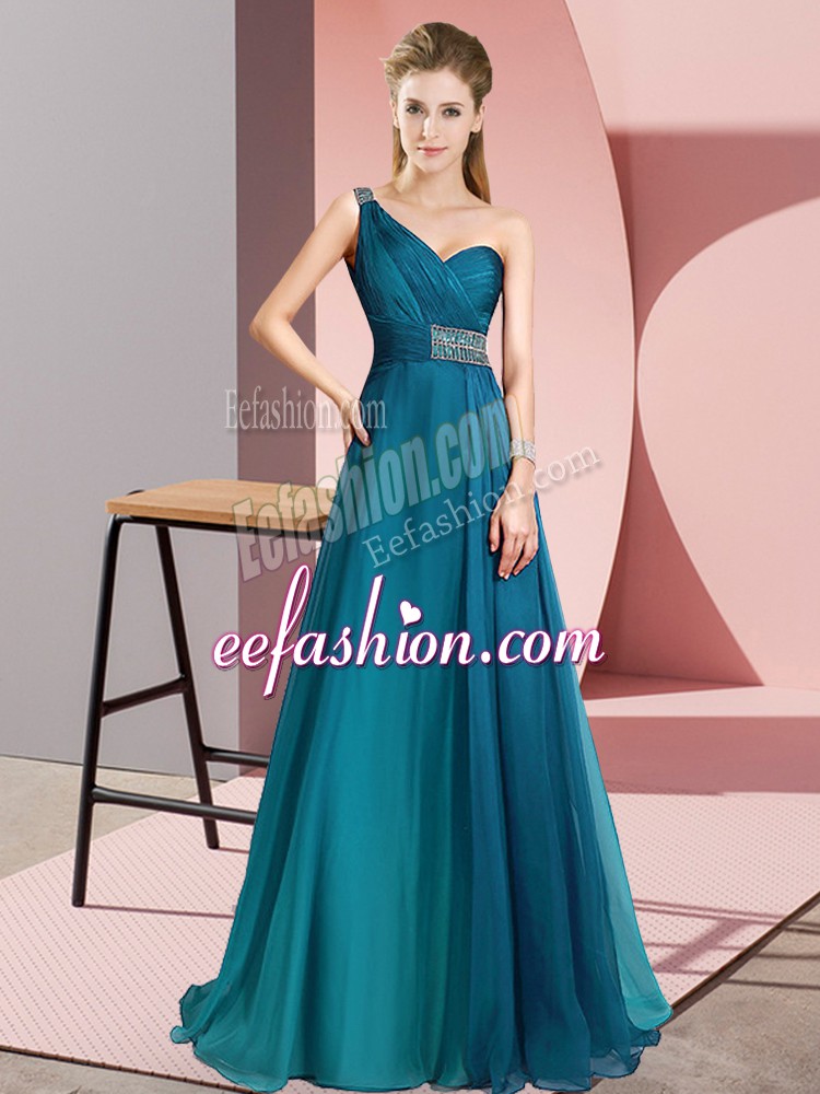  Teal Empire One Shoulder Sleeveless Chiffon Brush Train Criss Cross Beading Prom Evening Gown