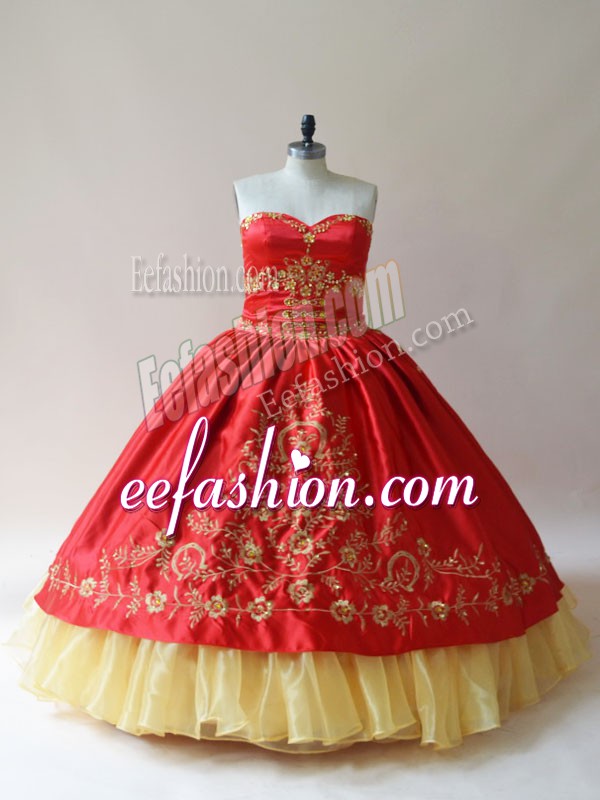  Red Ball Gowns Embroidery Ball Gown Prom Dress Lace Up Satin Sleeveless