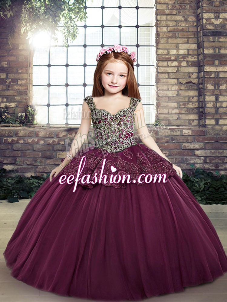  Purple Little Girls Pageant Dress Party and Military Ball and Wedding Party with Beading and Appliques Straps Sleeveless Lace Up