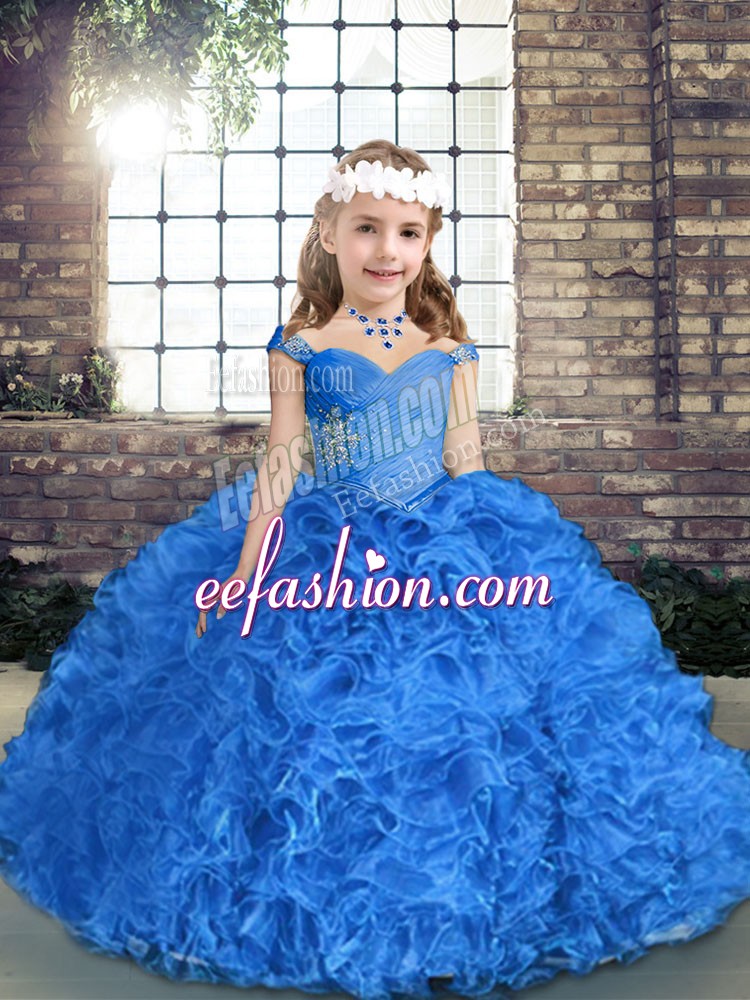 Modern Royal Blue Ball Gowns Beading and Ruching Kids Pageant Dress Lace Up Fabric With Rolling Flowers Sleeveless Floor Length