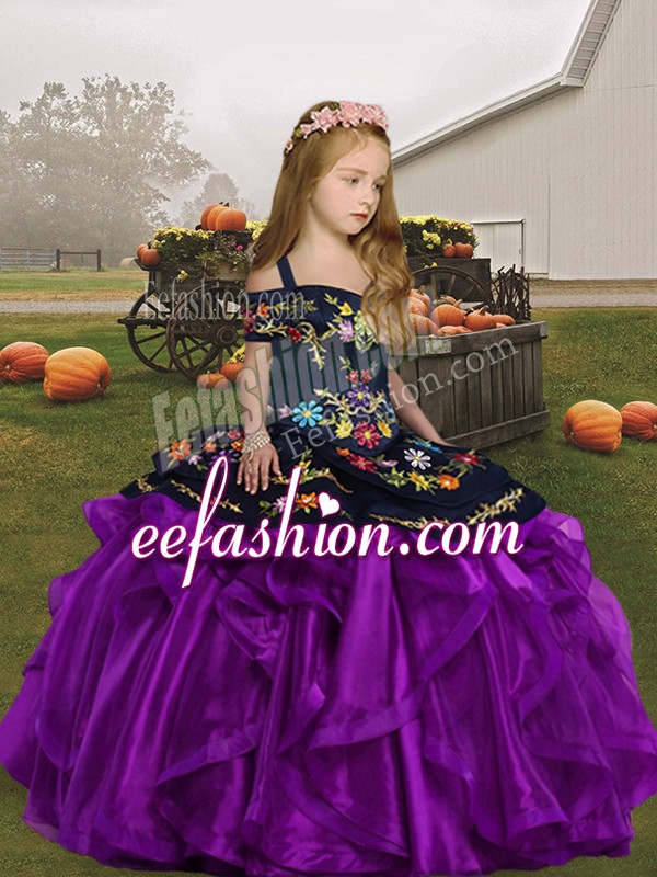  Embroidery Custom Made Pageant Dress Eggplant Purple Lace Up Sleeveless Floor Length