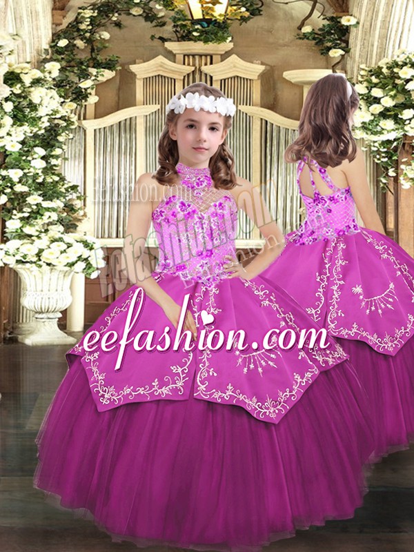  Lilac Halter Top Neckline Embroidery Little Girls Pageant Dress Wholesale Sleeveless Lace Up
