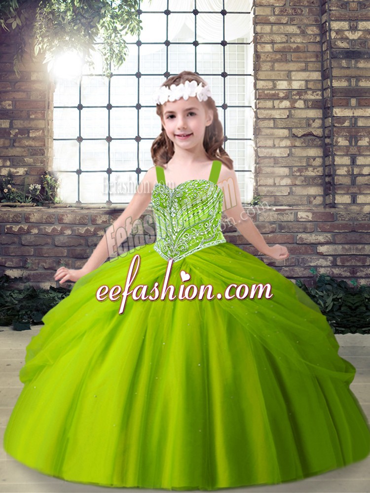 Fashionable Floor Length Green Little Girls Pageant Gowns Straps Sleeveless Lace Up