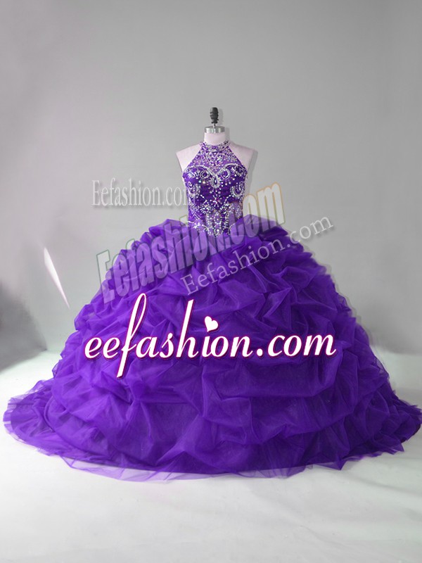  Purple Sleeveless Beading and Pick Ups Lace Up Quinceanera Gowns