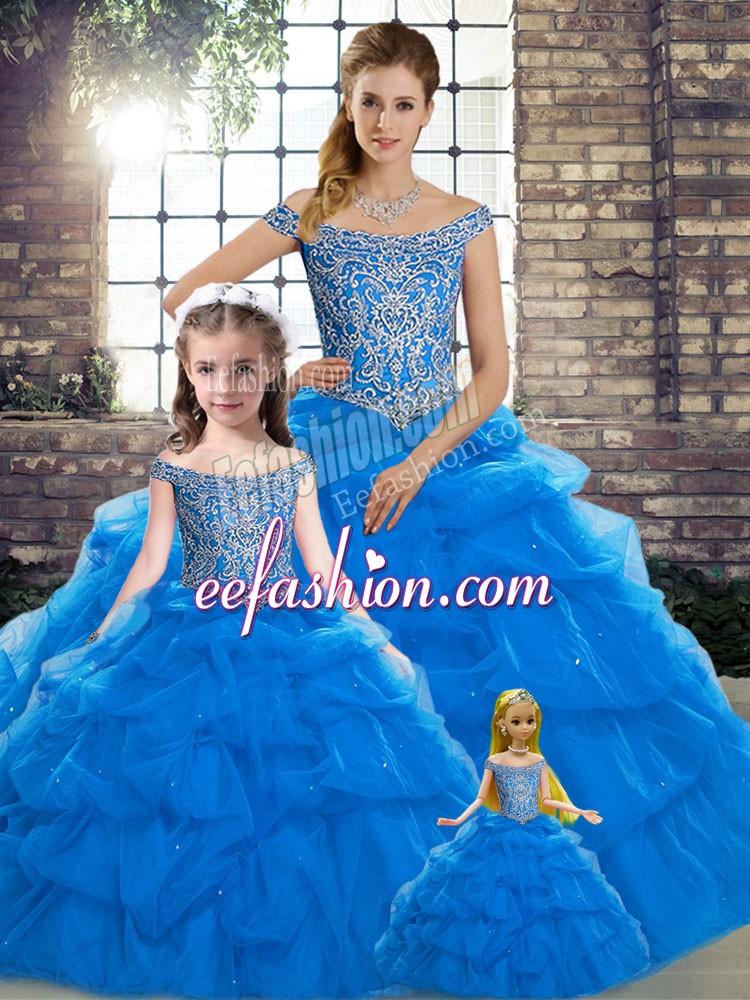  Blue Sleeveless Tulle Brush Train Lace Up Sweet 16 Quinceanera Dress for Military Ball and Sweet 16 and Quinceanera
