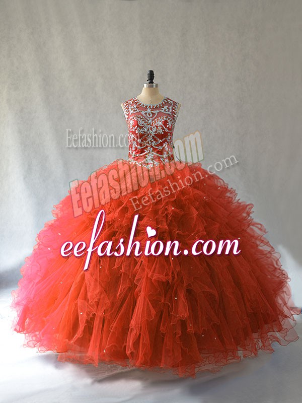 Unique Orange Red Ball Gowns Scoop Sleeveless Tulle Floor Length Lace Up Beading and Ruffles Sweet 16 Dress