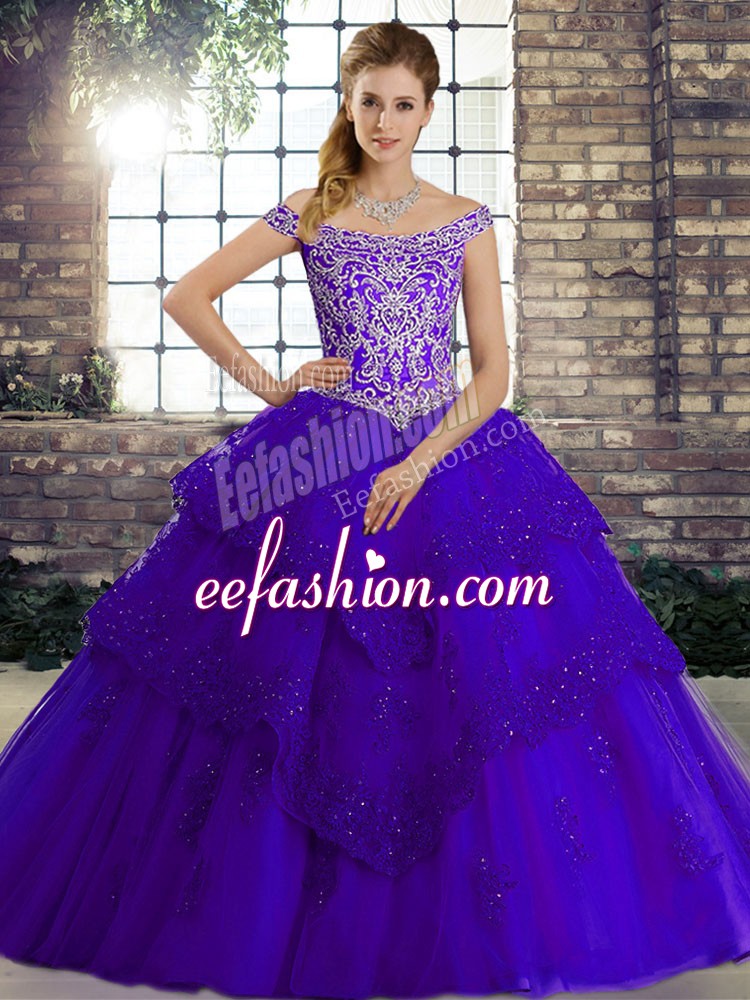  Off The Shoulder Sleeveless Brush Train Lace Up Ball Gown Prom Dress Purple Tulle