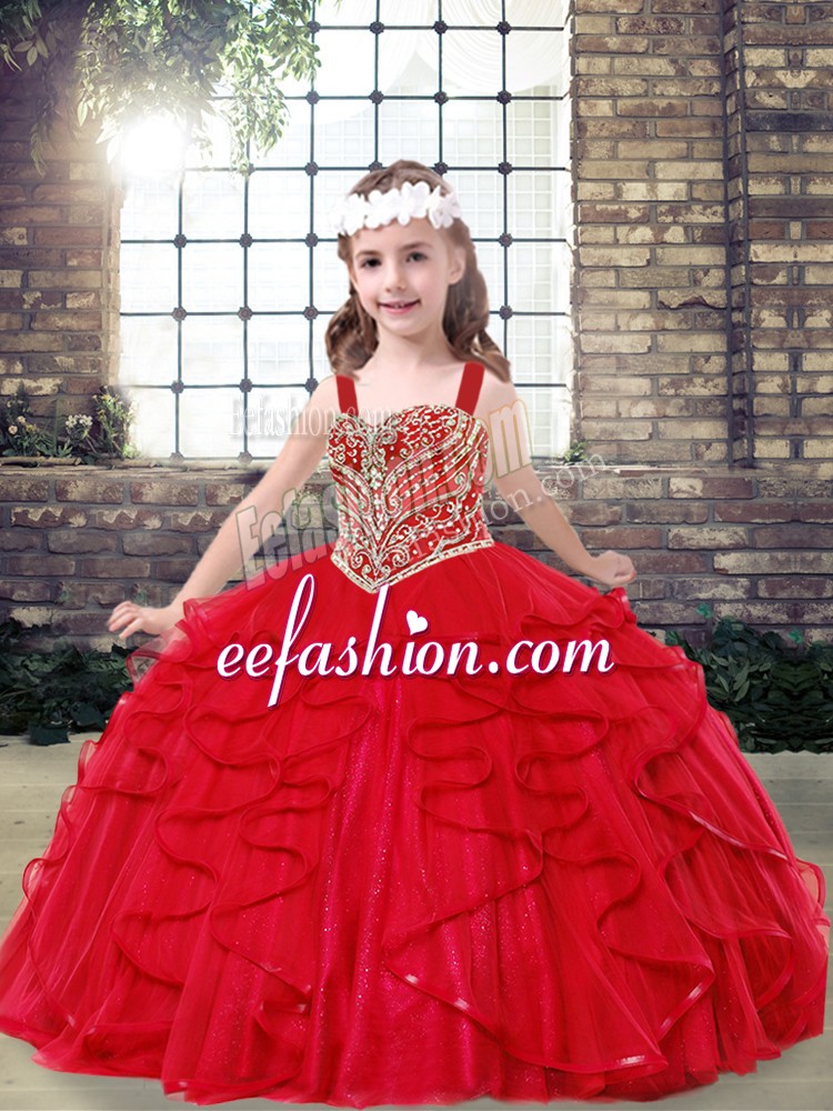  Straps Sleeveless Girls Pageant Dresses Floor Length Beading and Ruffles Red Tulle