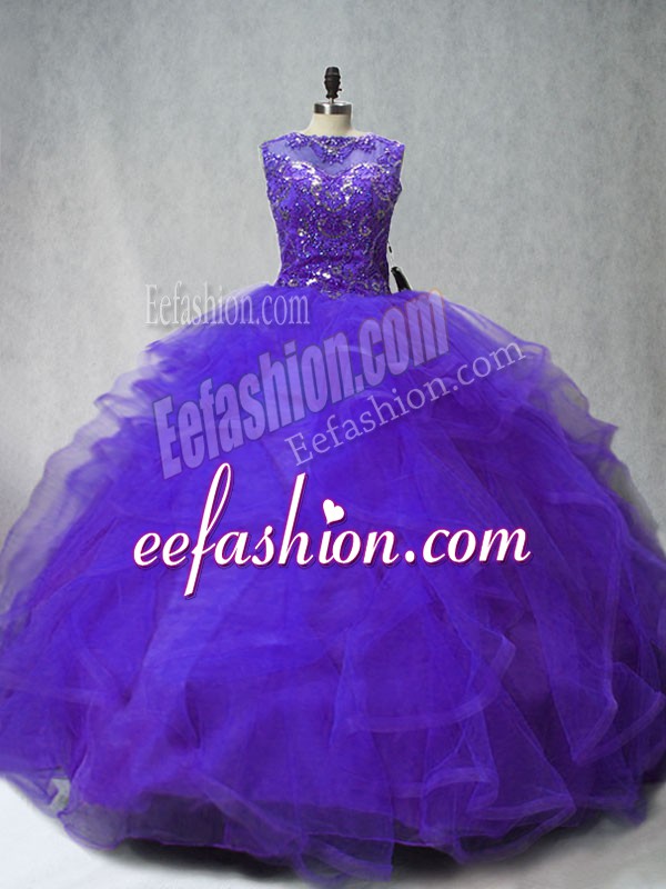  Purple Sleeveless Brush Train Beading and Ruffles Ball Gown Prom Dress