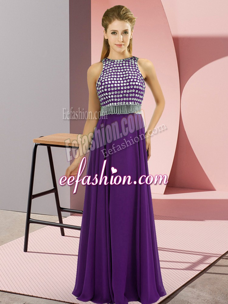Custom Made Chiffon Scoop Sleeveless Side Zipper Beading Prom Gown in Purple