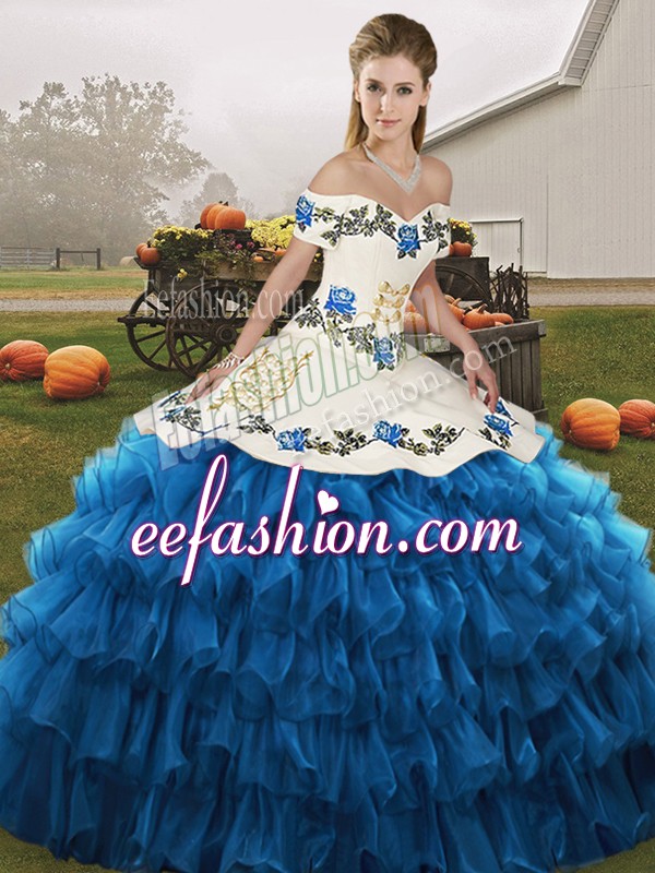 Sophisticated Organza Off The Shoulder Sleeveless Lace Up Embroidery and Ruffled Layers Quinceanera Gown in Blue And White