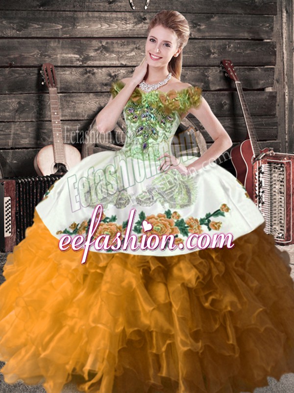  Ball Gowns Sweet 16 Quinceanera Dress Brown Off The Shoulder Organza Sleeveless Floor Length Lace Up