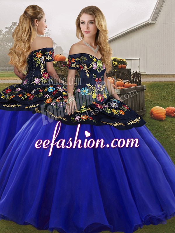  Royal Blue Off The Shoulder Lace Up Embroidery 15 Quinceanera Dress Sleeveless
