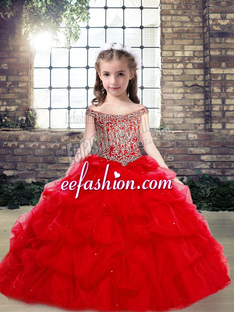 Organza and Tulle Sleeveless Floor Length Little Girls Pageant Gowns and Beading