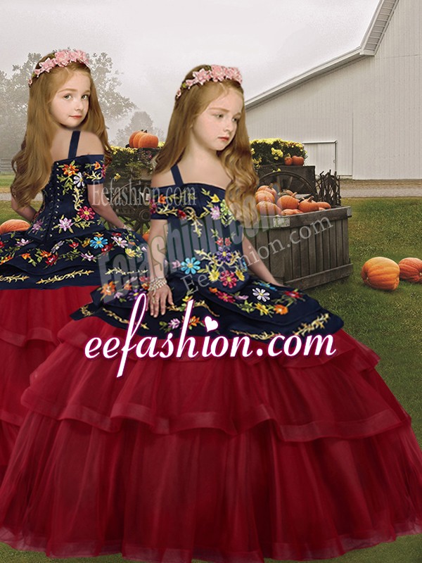 Best Floor Length Ball Gowns Sleeveless Red Little Girls Pageant Gowns Lace Up
