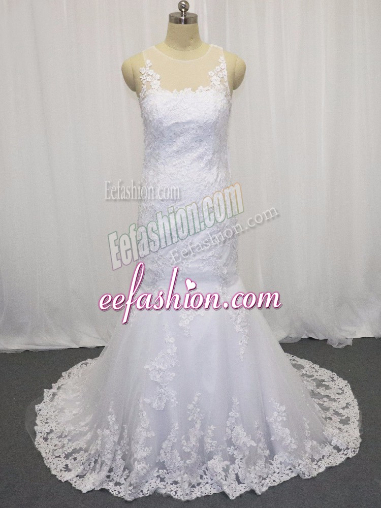  White Side Zipper Scoop Lace Wedding Gowns Tulle Sleeveless Brush Train