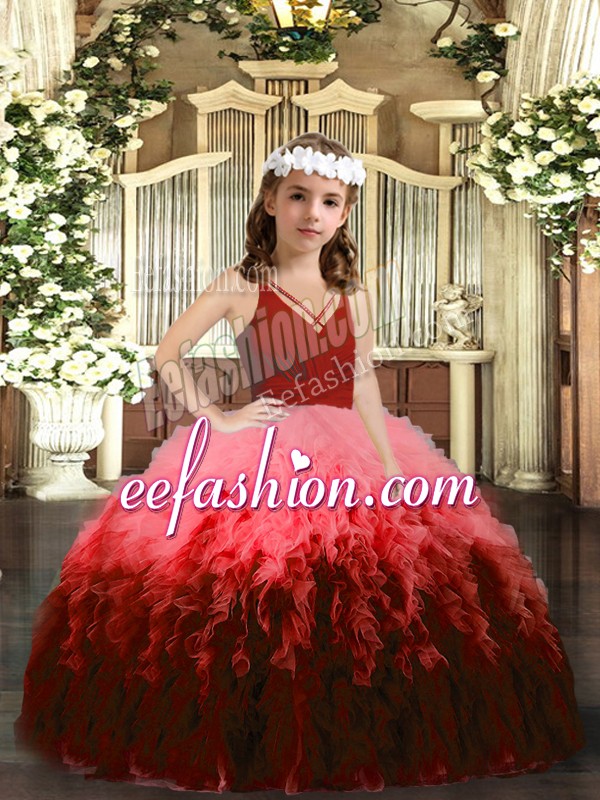 Superior Multi-color V-neck Neckline Beading and Ruffles Pageant Gowns For Girls Sleeveless Zipper