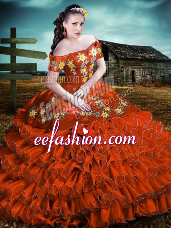 Fashionable Off The Shoulder Sleeveless Organza 15th Birthday Dress Embroidery and Ruffles Lace Up